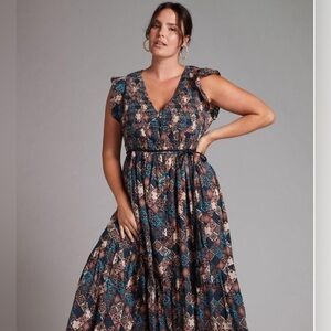 NWT Anthropologie The Peregrine Midi Dress Women's Size Large Turquoise Motif 2X